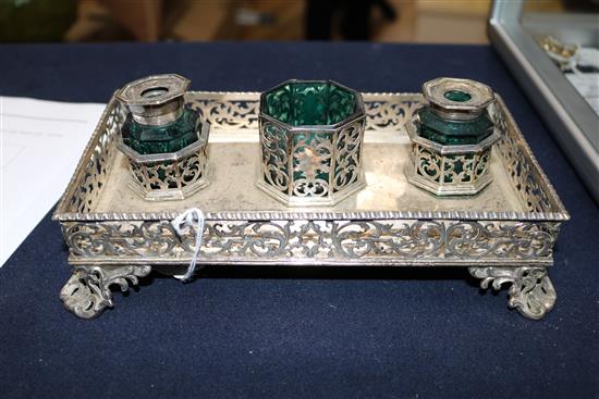 An early Victorian pierced silver inkstand by John Edward Terry, London, 1842, 15.3 oz.